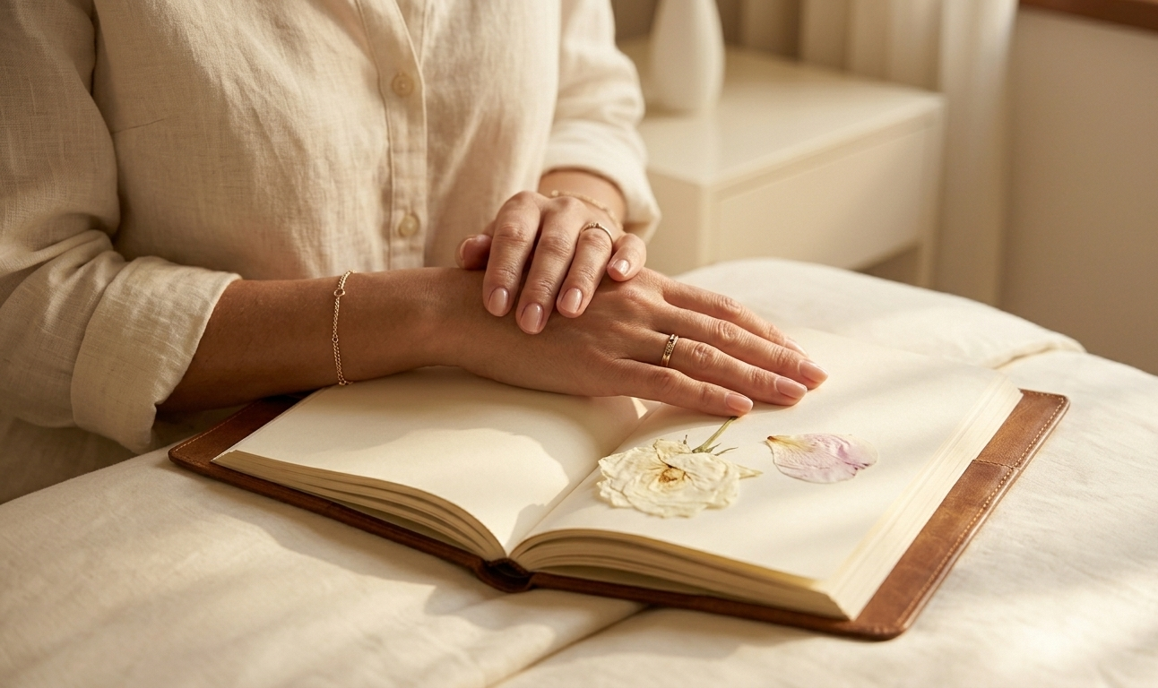 A woman's hands resting on an open journal, a single dried flower pressed between the pages, soft natural light falling across the paper — a quiet, intimate moment of writing for release, the pen poised mid-sentence as if the heart is choosing its next words carefully