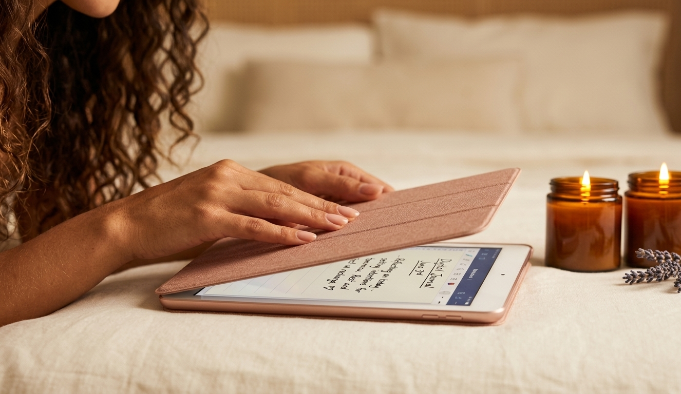 A woman's hands gently closing a rose-gold iPad on a cream linen surface, a softly lit candle flickering beside it and a beautiful digital journal app visible on screen just before it closes — the image conveys the quiet luxury of consciously stepping away from the digital world