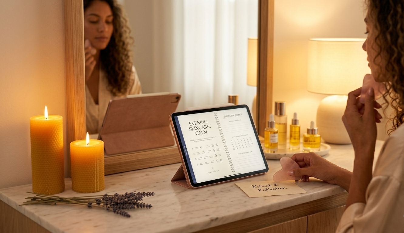 A woman at a softly lit vanity doing her evening skincare routine with a rose quartz Gua Sha, a beautiful digital beauty journal visible on her iPad tracking her routine — the room glows in warm amber light, radiating sensory pleasure and deep feminine self-care