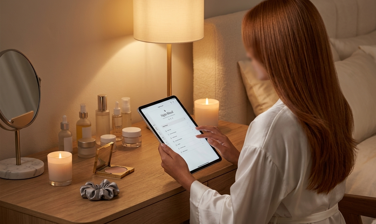 A woman at a serene, candlelit vanity in soft lamplight, her face freshly cleansed and glowing, an open digital beauty journal on her iPad beside skincare products — radiating the quiet luxury of a night ritual fully her own
