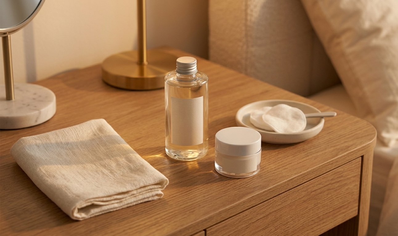 Flat lay of an oil cleanser and a gentle foam cleanser beside a folded white towel and a small porcelain dish — arranged with intention on a minimal cream surface in warm evening light