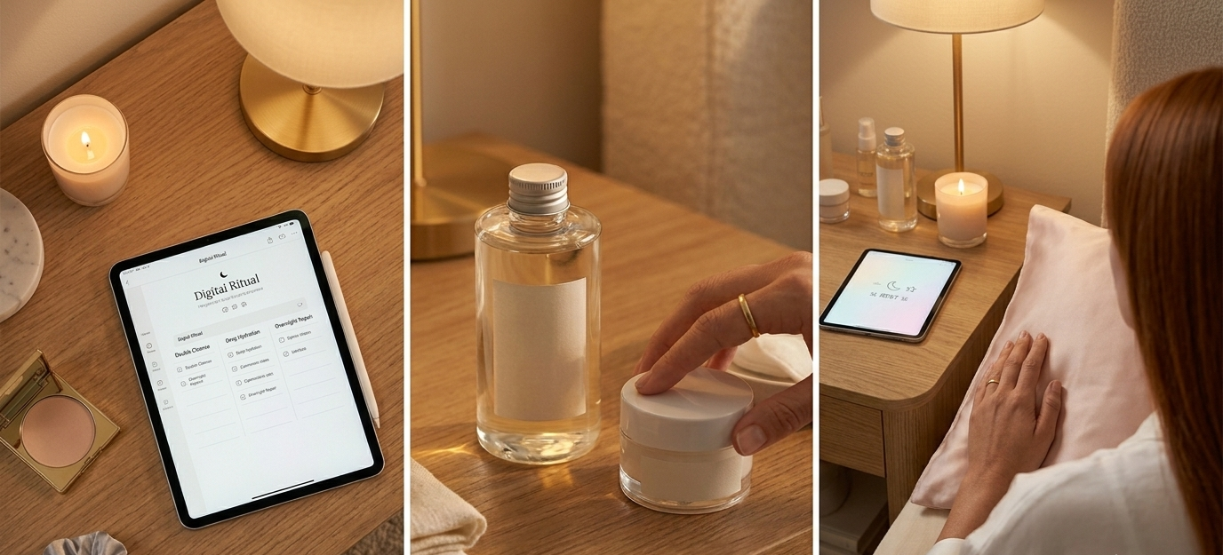 A woman sitting cross-legged on her bed in soft lamplight, iPad in her lap open to a beautifully designed digital night routine planner — skincare steps checked off one by one, radiating the quiet satisfaction of intentional self-care