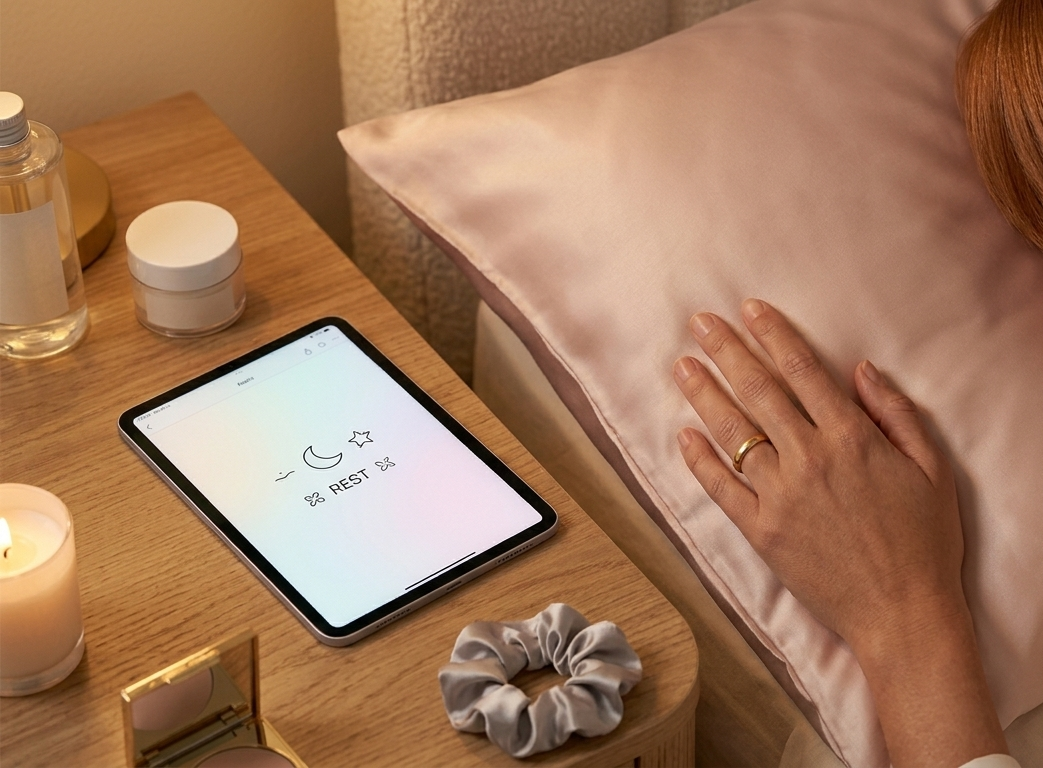 A woman resting peacefully on a blush silk pillowcase, her expression soft and serene, a closed digital wellness journal glowing softly on the nightstand beside her — the entire scene whispers of luxury and intentional rest