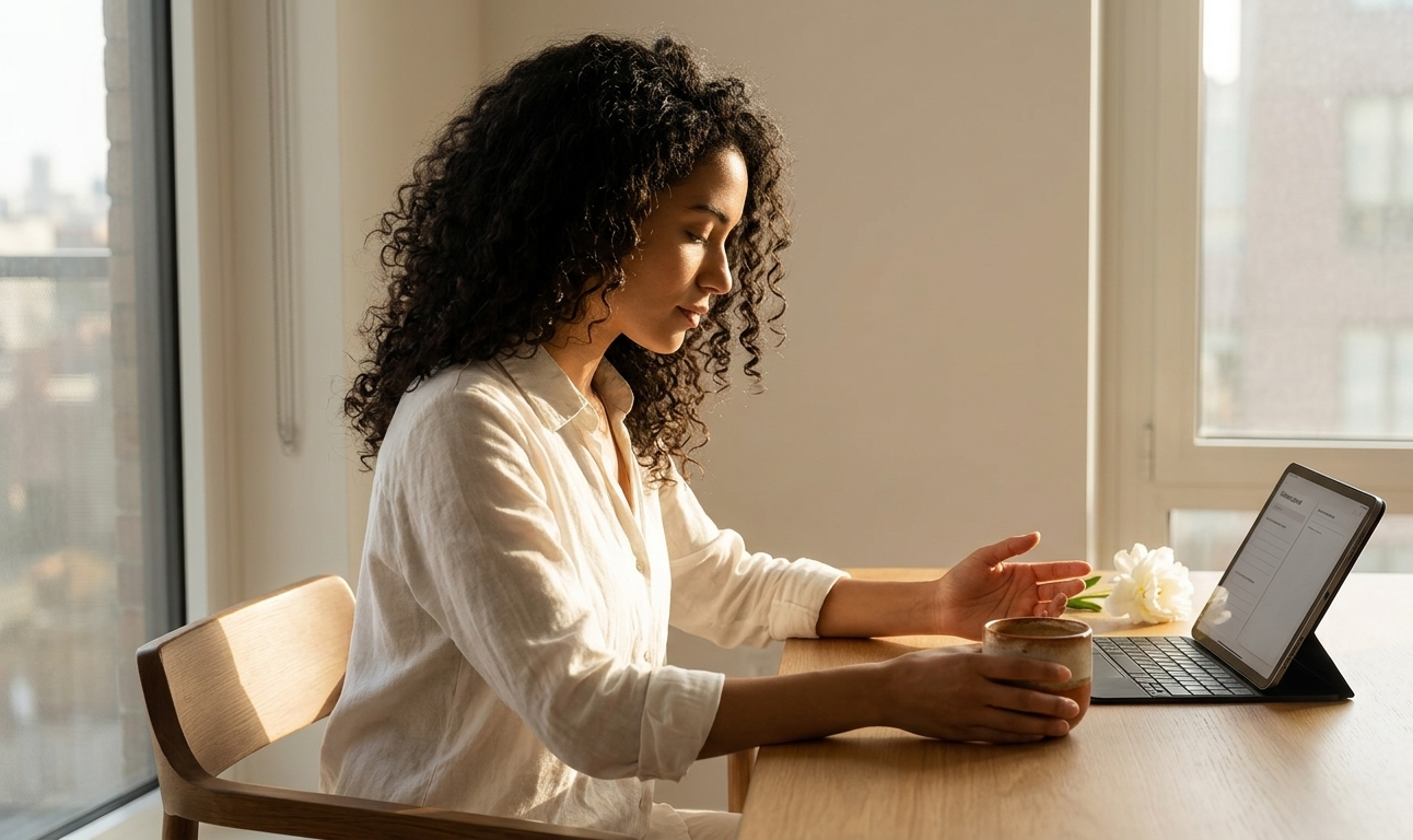 A woman seated alone at a beautifully minimal desk near a sun-flooded window, her posture composed and unhurried — one hand resting open on the table, the other cradling a warm ceramic cup, radiating the quiet authority of a woman who has decided that her peace matters