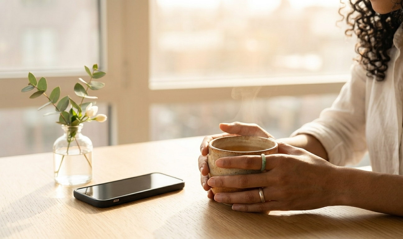 A close-up of a woman's hands wrapped around a warm ceramic cup on a sunlit breakfast table — her phone resting face-down beside a small vase of soft greenery, completely untouched. The scene radiates the quiet luxury of a morning that belongs entirely to her.