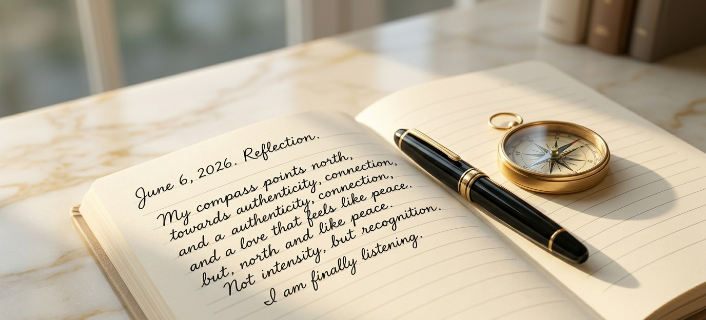An open journal resting on a sunlit marble surface, a single elegant pen beside it and a delicate gold compass laid across the open page — the whole scene radiating the quiet intentionality of a woman who knows what she is looking for before she finds it