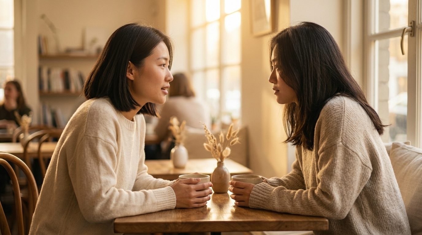 Two women sitting across from each other at a beautifully set café table in warm morning light, one leaning forward with an open, earnest expression and the other listening with quiet, full attention — the golden light between them suggesting not interrogation but genuine curiosity, the kind of conversation that makes you feel truly known