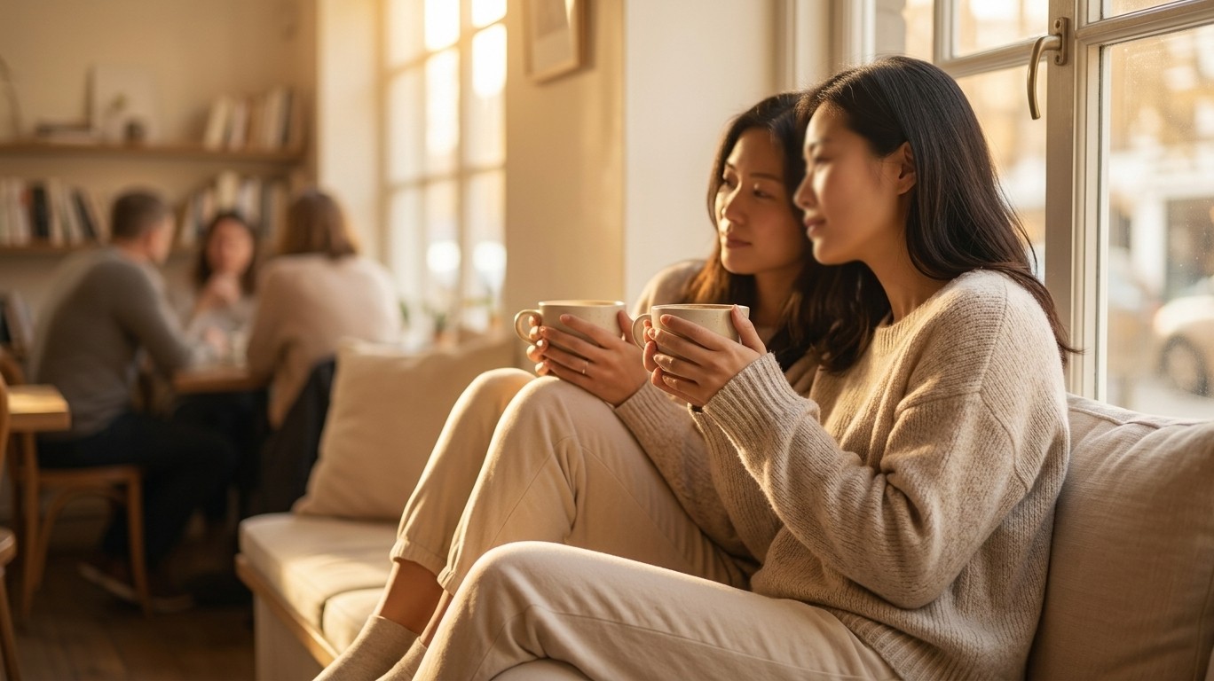 Two women sitting side by side at a sunlit café window, their hands wrapped around warm ceramic cups, leaning gently toward one another in quiet, unhurried conversation — the morning light washing both of them in gold, their posture radiating the rare, settled peace of two people who have found in each other not just attraction, but true recognition