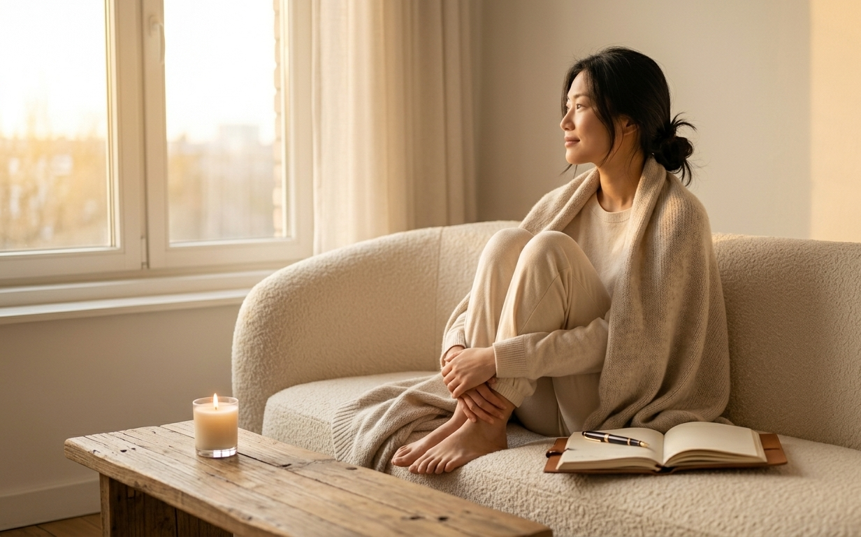 A woman sitting alone in a softly lit, beautifully minimal living room, knees drawn to her chest on a cream sofa, a single candle burning on the table beside her and a small open journal in her lap — her expression completely at rest, radiating the quiet satisfaction of a woman who has chosen alignment over intensity and finally found her peace