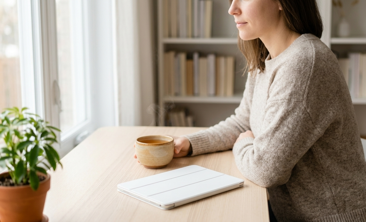 A woman sitting serenely at a minimal desk, a closed digital planner beside a warm cup of tea, the morning light soft and still — a scene of deliberate quiet and fresh beginnings