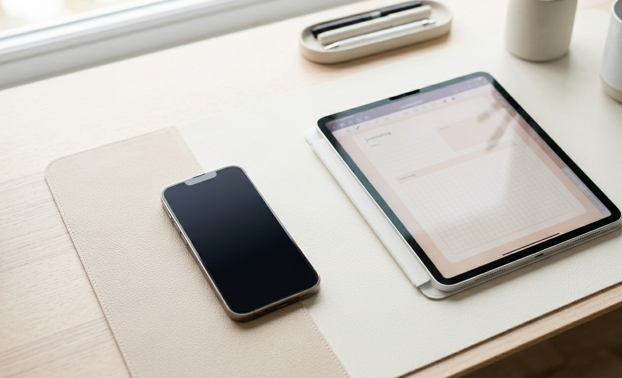 A phone placed face-down on a minimal cream desk beside an open iPad with a soft, intentional digital journal page — the image of a deliberate digital boundary