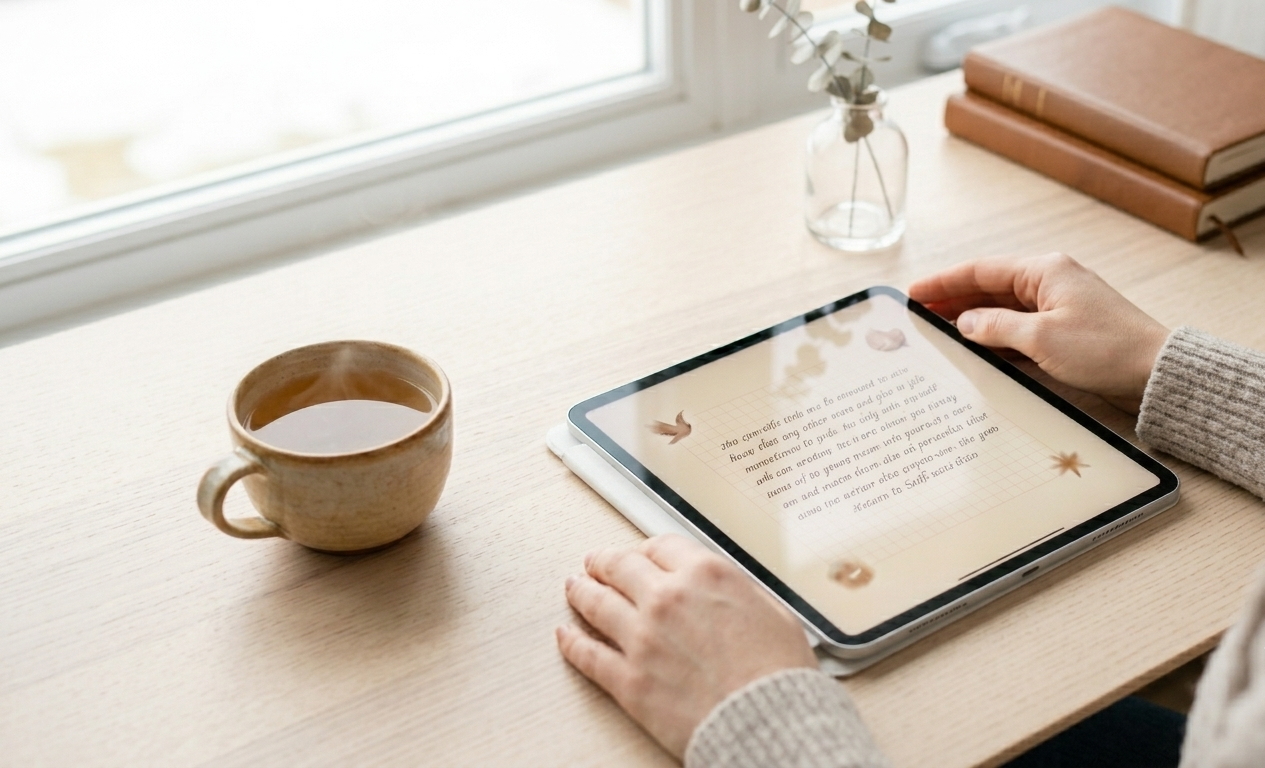 An open digital planner on an iPad, showing a softly designed journal page with gentle morning light — an image of quiet self-reflection and returning to oneself