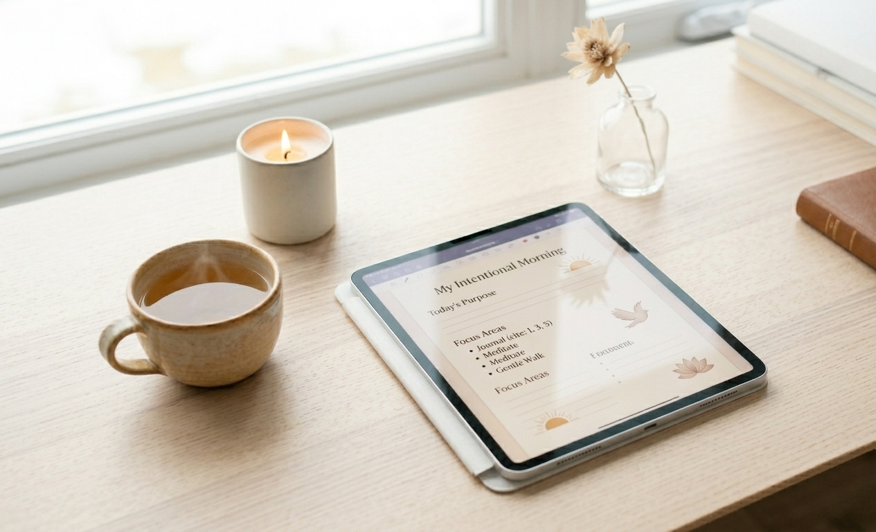 A beautifully minimal morning desk scene — an iPad with a digital planner open to an intentions page, a single lit candle, and a warm cup beside it — the image of an intentional, self-directed morning
