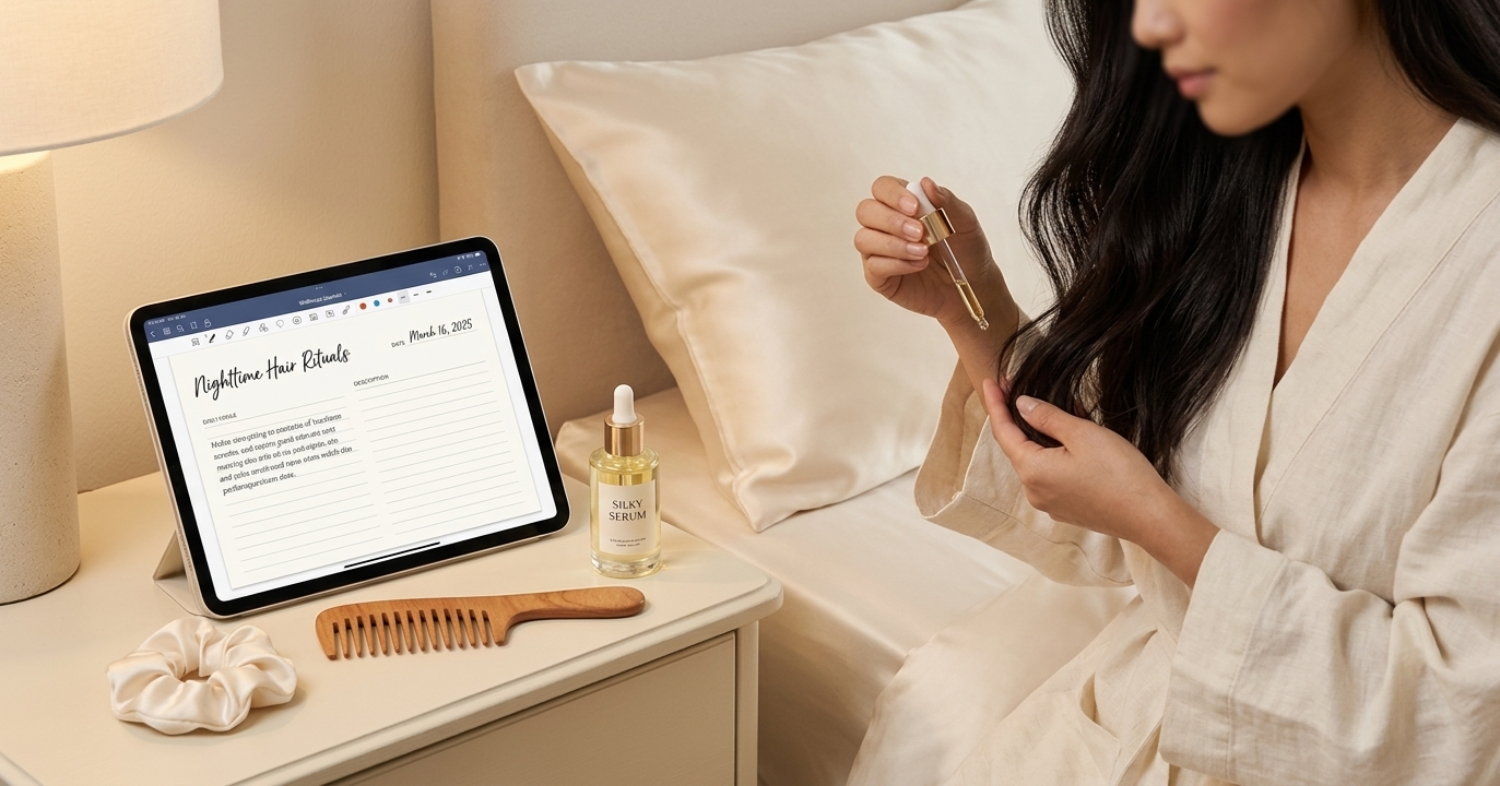 A serene bedside scene: an open digital journal on an iPad beside a silk pillowcase, hair oil, and a wide-tooth comb in soft warm lamplight