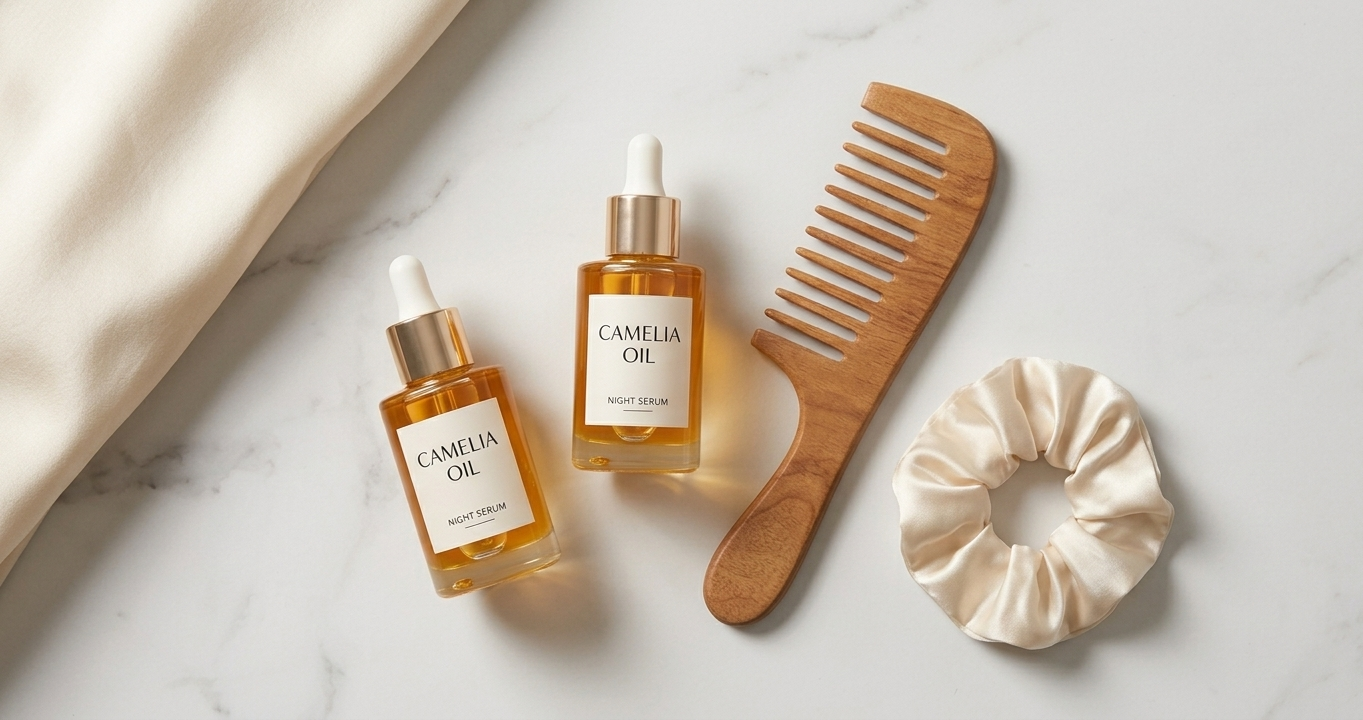 Two elegant minimal glass bottles of hair oil on a marble surface beside a soft brush and a folded silk scrunchie — a flat-lay evoking quiet luxury and intentional self-care