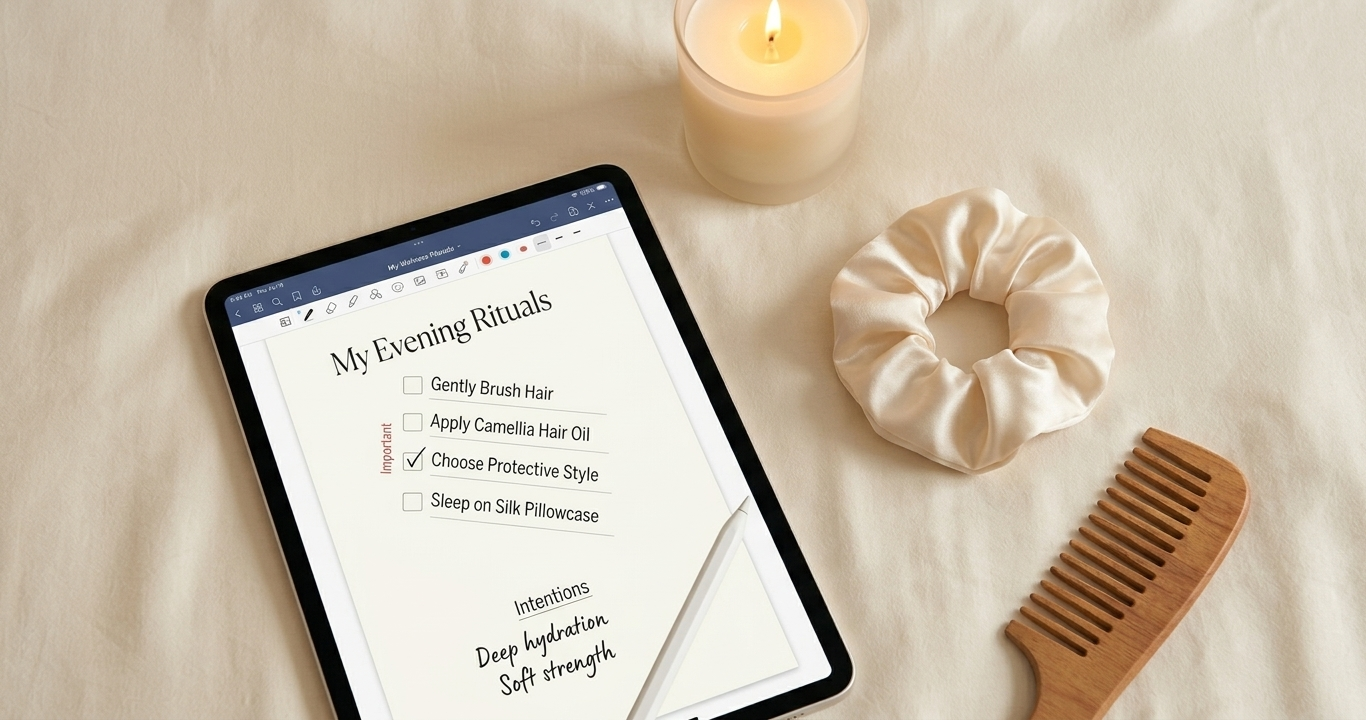 An open digital wellness planner on an iPad showing a simple, elegant nighttime hair care checklist — placed on a cream linen surface beside a folded silk scrunchie and a warm candle