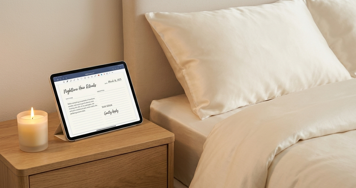 A neatly made bed with a soft silk pillowcase in a neutral cream tone, a small digital planner open on the nightstand beside a warm candle — a scene of calm, intentional bedtime ritual