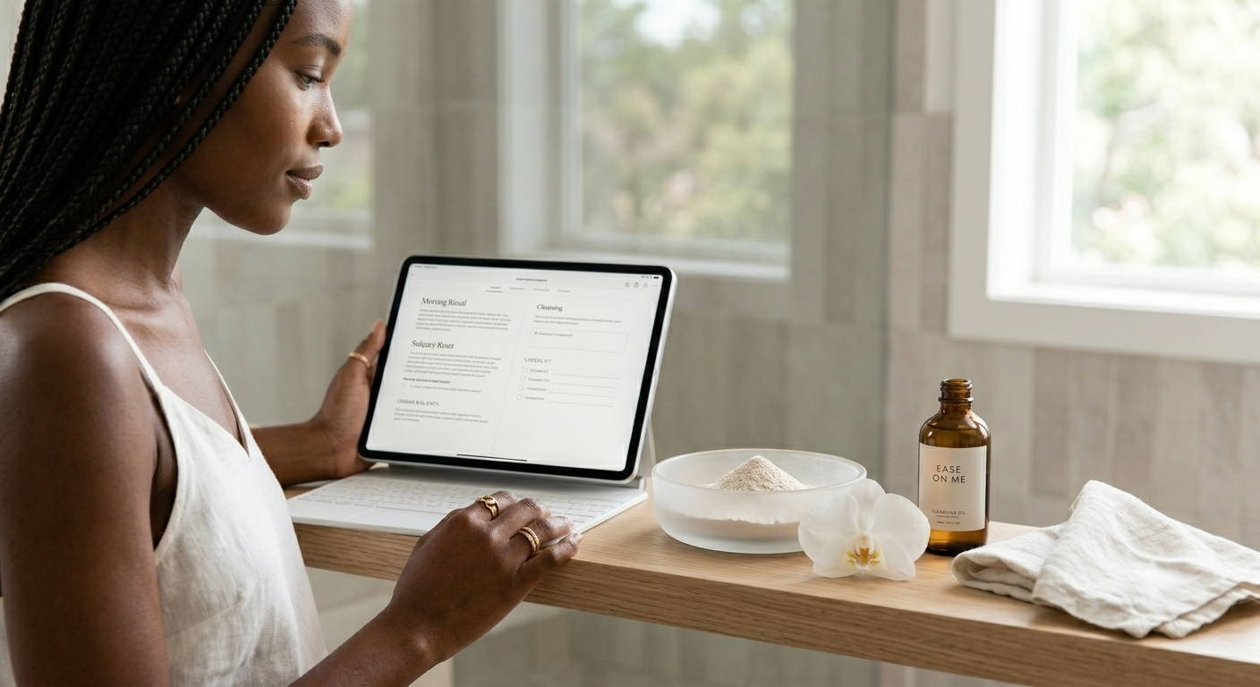 Soft morning light illuminating a minimal bathroom shelf — a gentle cleansing oil and a foaming cleanser beside a folded linen towel, with an iPad nearby displaying an open self-care planner
