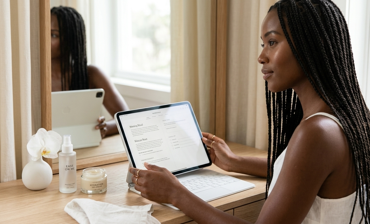 A minimal vanity surface in soft morning light — an open digital wellness journal on an iPad beside a light gel moisturiser, a misting bottle, and a delicate white flower, radiating a clean, airy summer glow