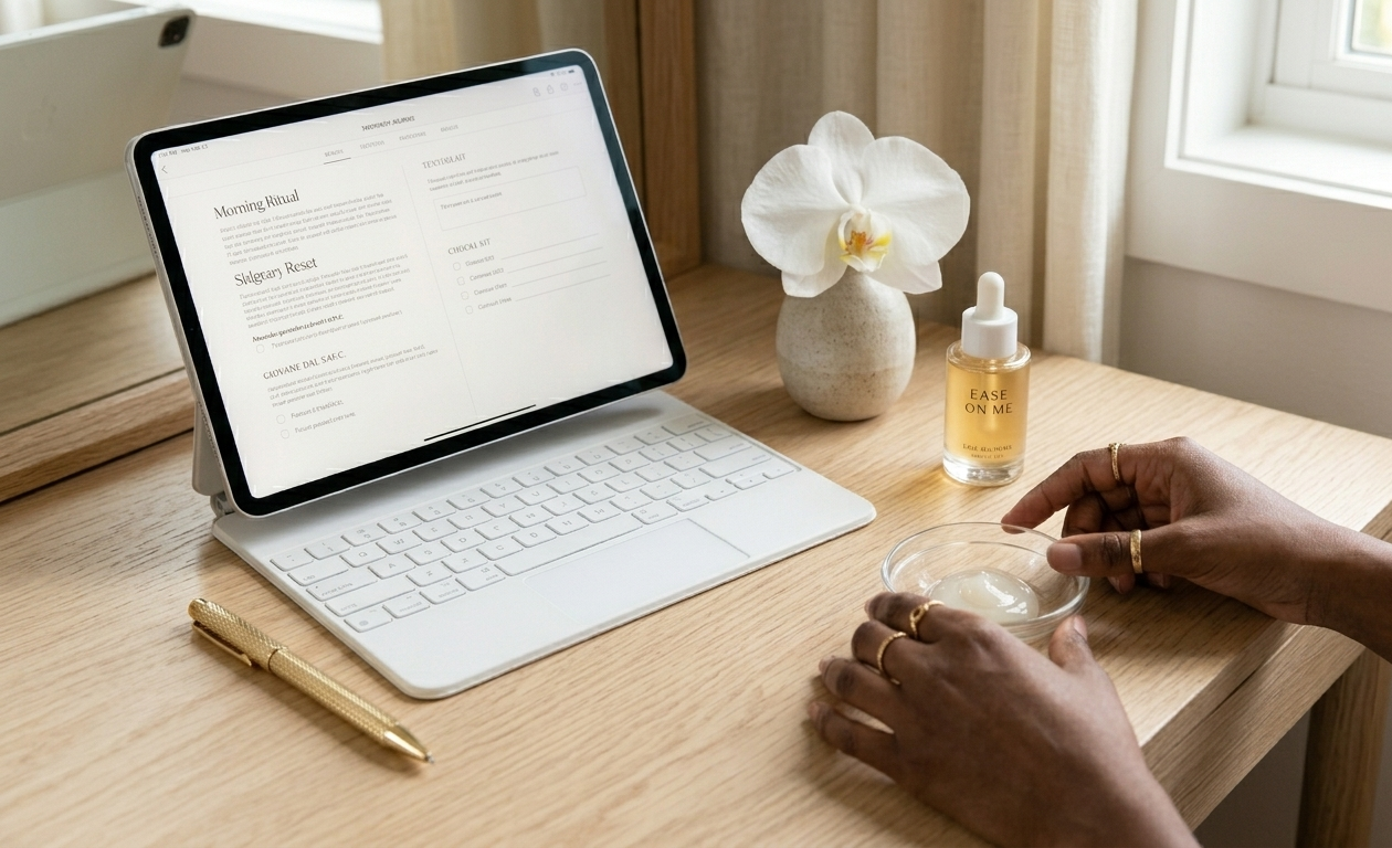 A luminous morning ritual — SPF and a light serum arranged on a cream surface, an open digital beauty planner on an iPad nearby with a soft pen resting beside it, bathed in golden morning light