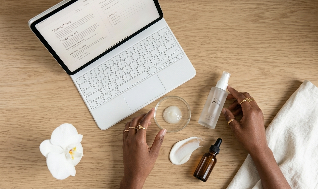 A clean flat lay of minimal skincare products — a gel-cream, a lightweight mist bottle, and a small serum, arranged with intention on a cream linen surface beside an open digital wellness planner on an iPad