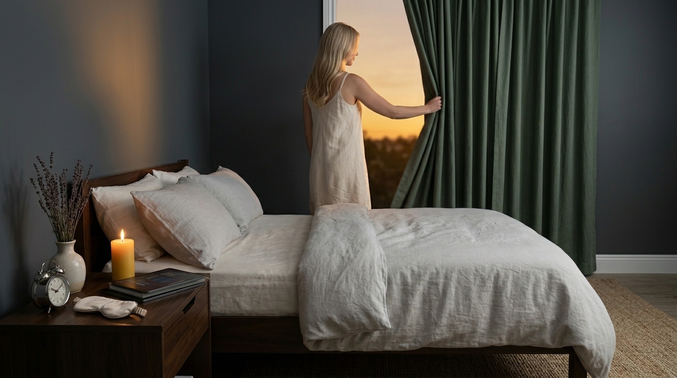 A woman in a soft linen robe gently drawing floor-length blackout curtains closed at dusk — the last sliver of golden light disappearing from a serene, minimal bedroom as she creates total darkness, her digital evening planner glowing softly on the iPad on the bedside table beside a small lavender candle