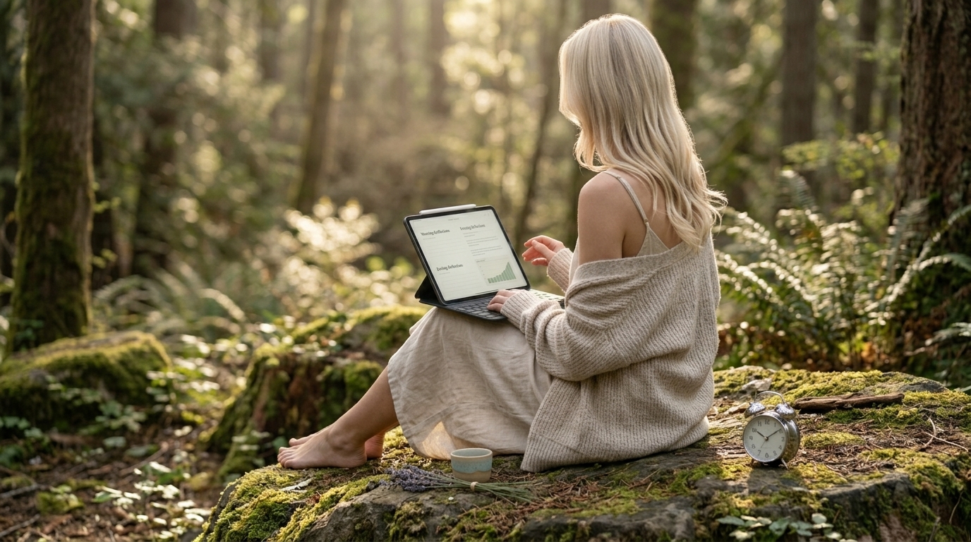 A woman sitting barefoot on a mossy rock in a quiet forest clearing, a soft morning light filtering through the trees above her — her digital journal glowing gently on her iPad resting against her knees, surrounded by the natural sounds of birdsong and wind, her expression radiating the deep stillness of someone who has learned that true rest begins long before she closes her eyes at night