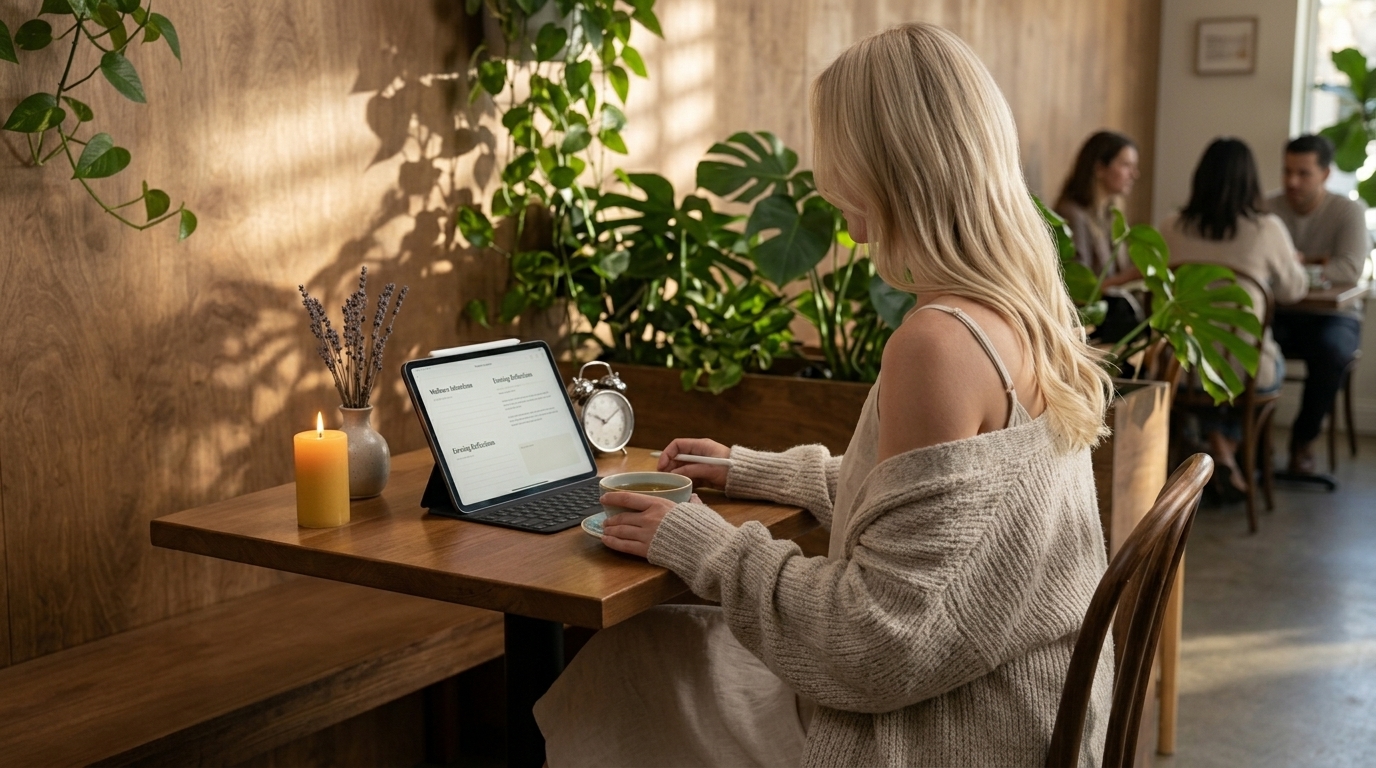 A woman sitting alone at a quiet, sun-warmed café table with a ceramic cup of herbal tea, her digital wellness planner open on her iPad beside a small vase of dried lavender — she is calmly reviewing her evening wind-down routine, the scene radiating the intentional, unhurried energy of a woman who plans her rest the same way she plans everything she values
