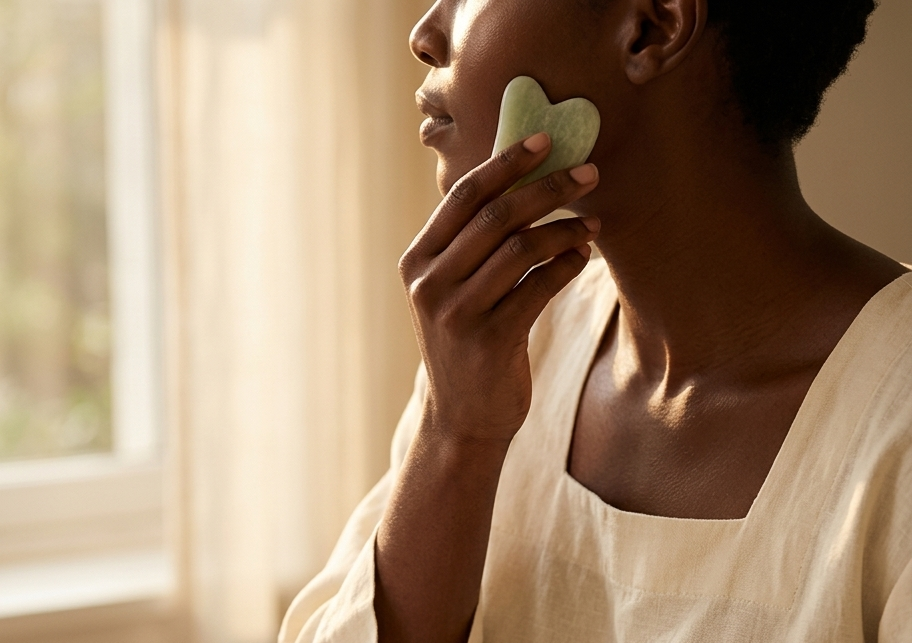 A woman in soft morning light at a minimal vanity, fingers gently resting against her luminous bare skin — a jade roller and a single cream flower beside her, radiating the quiet, unhurried confidence of someone who has made peace with time