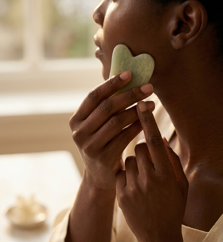 Close-up of a woman performing a gentle upward Gua Sha stroke along her cheekbone in soft morning window light — the stone pale and luminous against her dewy skin, the whole image radiating slow, tender self-care