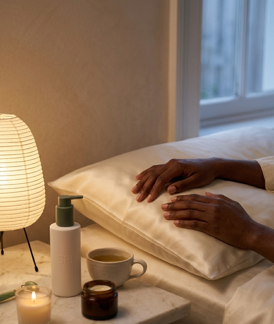 A softly lit bedside scene with an ivory silk pillowcase, a small pot of overnight cream, and a jade roller in warm lamplight — quiet luxury that makes sleep feel like the most powerful beauty ritual of all