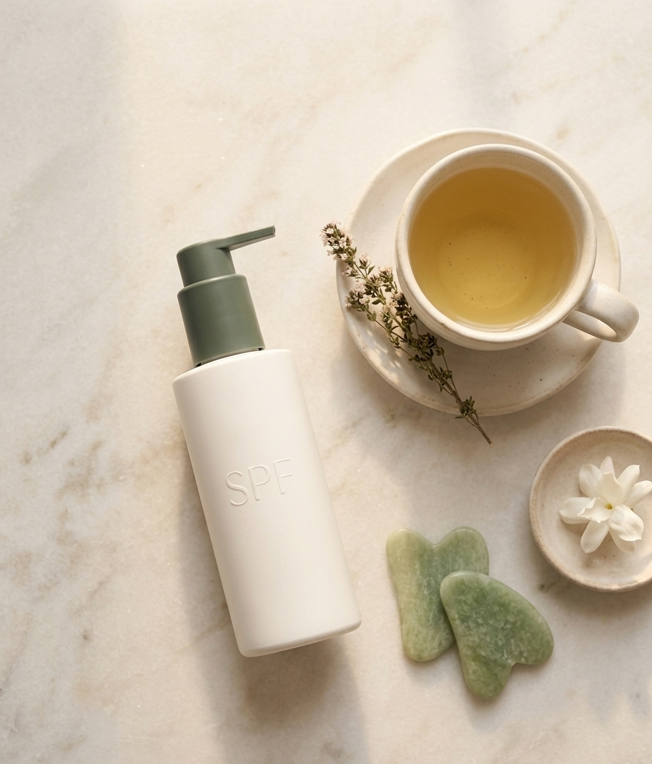 A minimal flat lay on pale marble: a lightweight SPF bottle beside a small ceramic cup of morning tea and a single white flower in soft indirect daylight — making sun protection feel like an elegant, intentional ritual