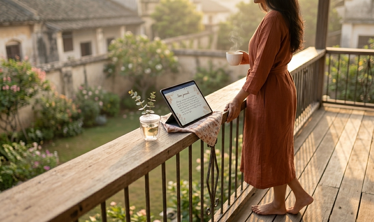 A woman standing barefoot on a sunlit balcony in the early morning, overlooking a quiet garden, a lightweight linen robe draped over her shoulders, her open digital planner resting on the balcony railing — the whole scene radiating the soft, unhurried energy of a woman who has built a life filled with peace and intentional choices