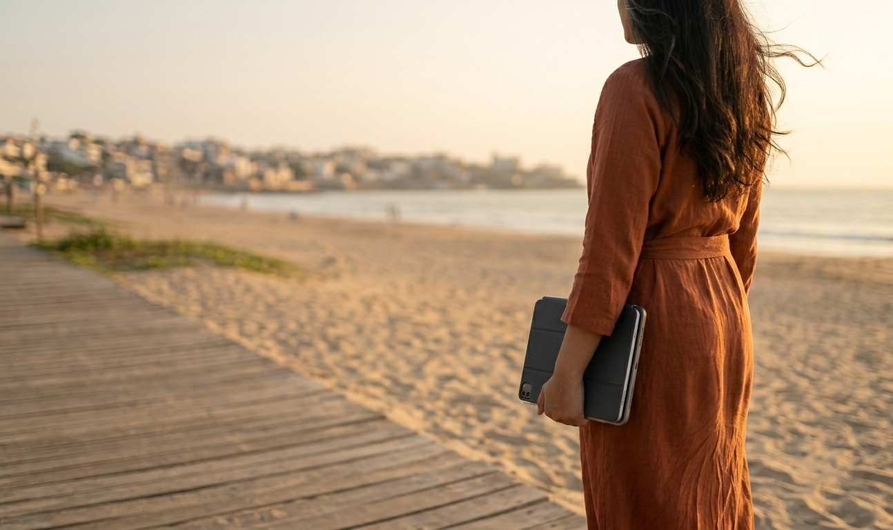 A woman walking alone along a peaceful coastal path at golden hour, her hair softly lifted by a sea breeze, a small journal tucked under her arm, the warm light of the late afternoon sky turning everything to gold — radiating the free, grounded, magnetic energy of a woman who is completely at home in herself