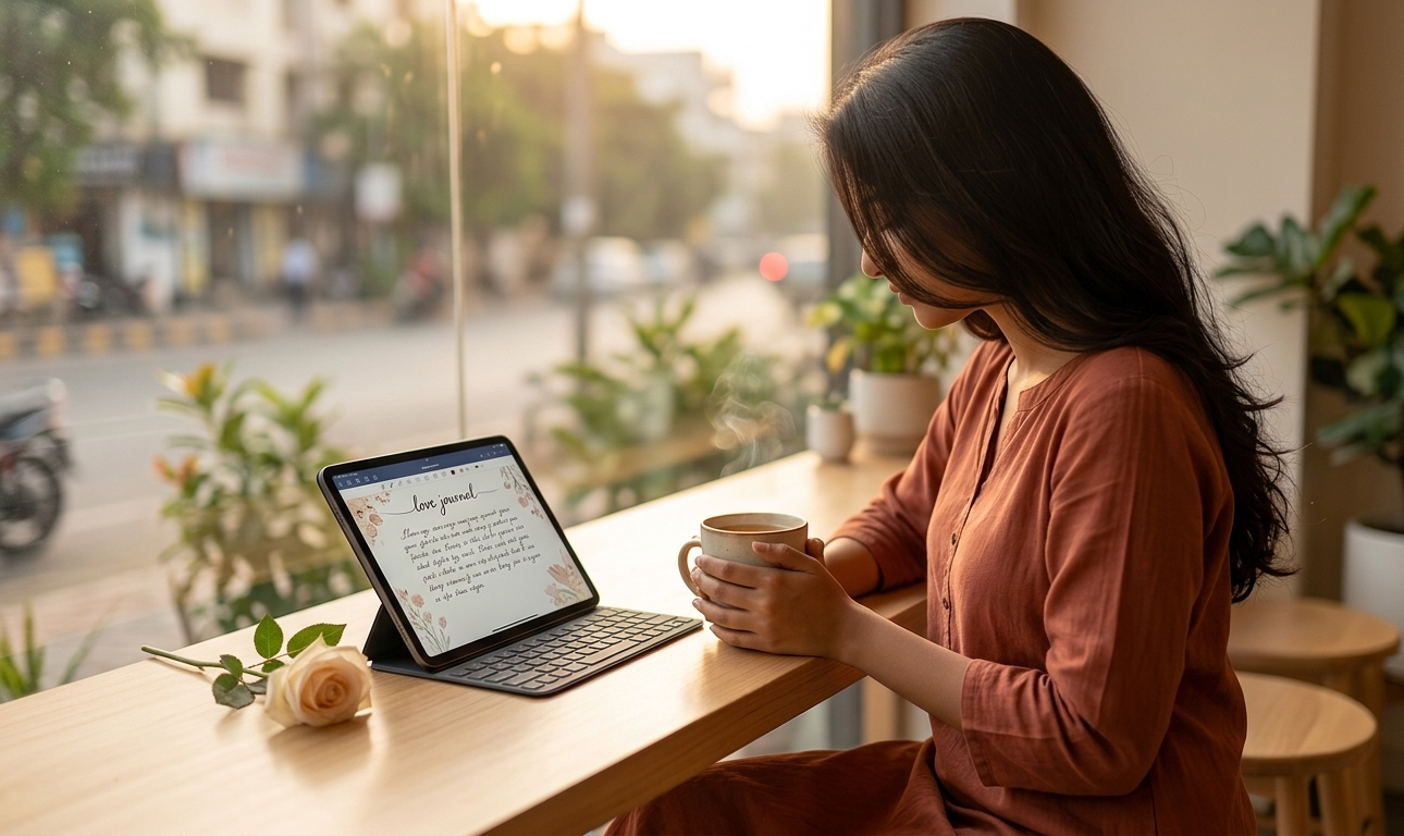 A woman sitting alone at a sun-drenched café table near a large window, a warm cup of tea in her hands and an open digital love journal glowing on her iPad beside a single pale rose — her expression is soft, unhurried, and completely at peace, radiating the quiet security of someone who has chosen calm over chaos and knows exactly what kind of love she deserves