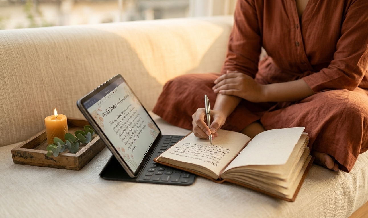 A woman sitting cross-legged on a cream linen sofa by a bright window, her iPad open to a beautiful digital love journal, a pen resting beside her on a small wooden tray with a candle and a sprig of eucalyptus — she is writing with quiet focus, the scene glowing with warmth and intentional reflection