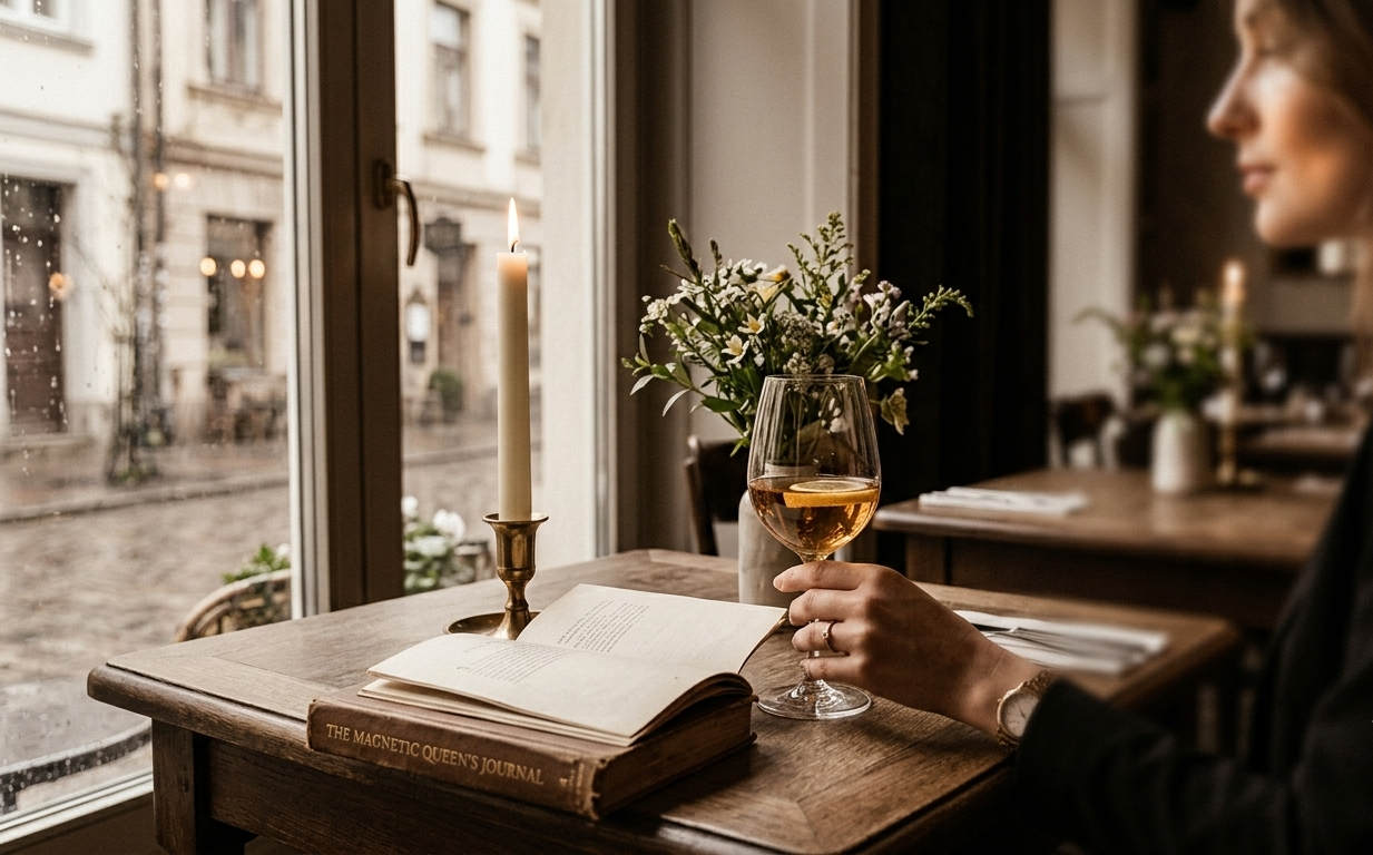 A beautifully set solo dining table with candles and a journal