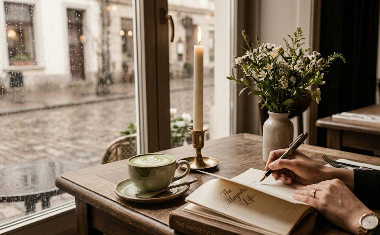 A serene morning table setup: coffee, journal, and fresh flowers in warm natural light