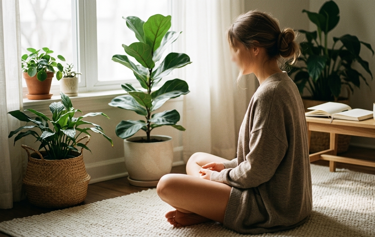 A woman sitting serenely in soft morning light, eyes closed in quiet stillness