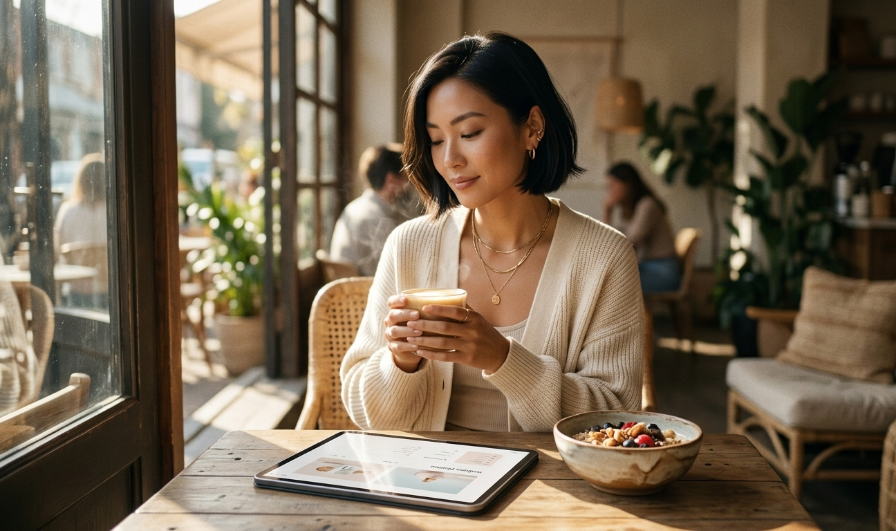 A woman seated at a sunlit café table, a beautiful ceramic bowl of nourishing food before her and a softly glowing digital wellness journal open on her iPad beside it — she cradles a warm drink in both hands, her expression serene and unhurried, morning light washing everything in gold
