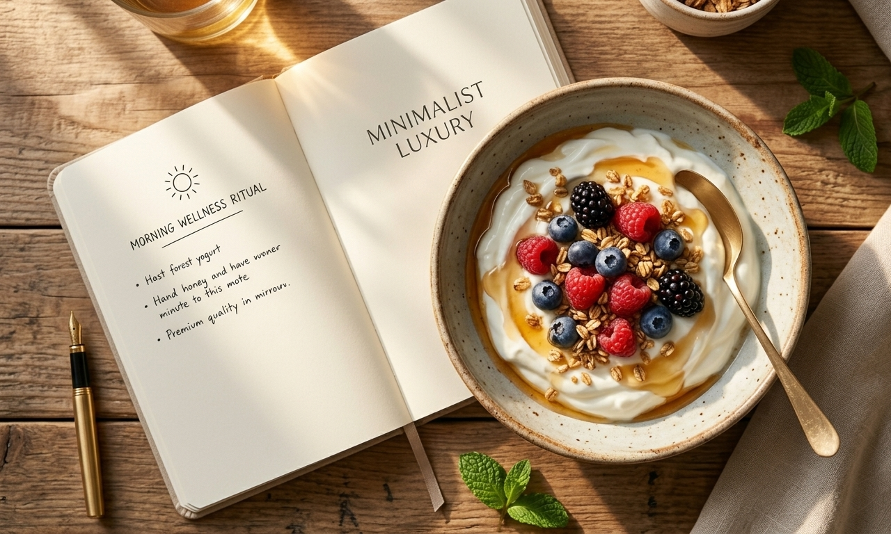 A soft overhead flat lay of a ceramic bowl of thick Greek yogurt topped with honey and fresh berries, set on a linen napkin beside a small open journal with handwritten wellness notes and a delicate gold spoon — a morning ritual captured in quiet luxury