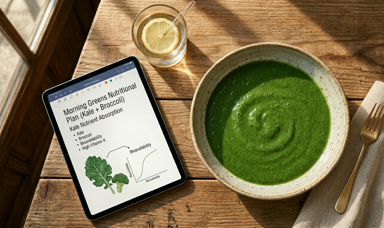 A serene outdoor café table with a large glass of vibrant green kale and broccoli smoothie beside a beautiful open iPad showing a digital nutrition planner — morning sun filtering through surrounding greenery, a woman's hand resting gently on the table, everything exuding wellness without effort