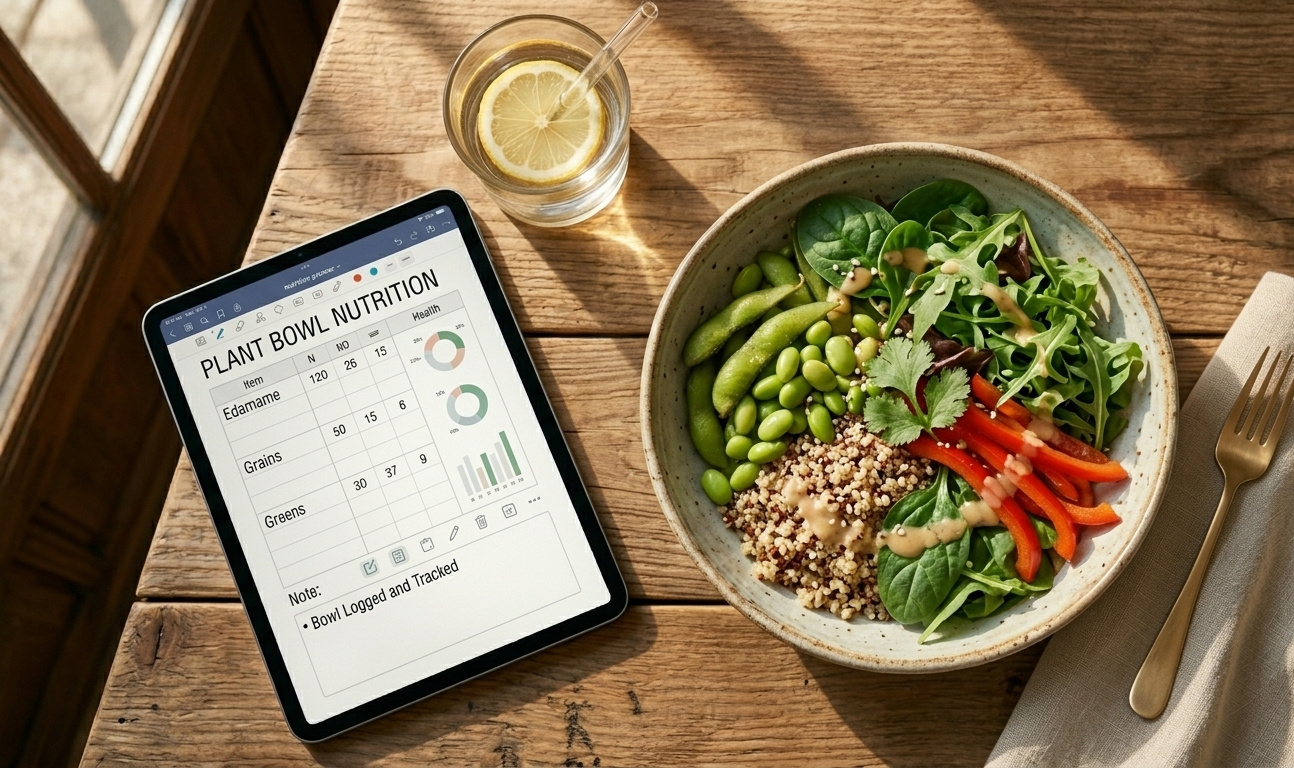 A woman at a sunlit kitchen counter holding a beautiful ceramic bowl filled with edamame, greens, and grains — her digital nutrition planner open on an iPad nearby on a marble countertop, a soft morning light surrounding everything in a warm, intentional glow