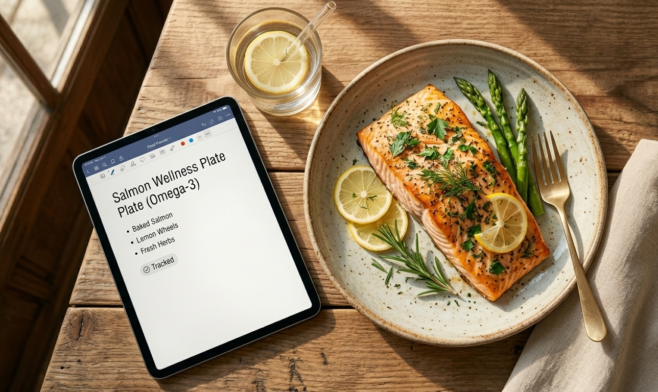 A beautifully plated fillet of golden-baked salmon on a cream ceramic plate with a wedge of lemon and fresh herbs, beside a glass of water and a digital wellness food tracker open on an iPad resting on a marble surface — elegant, minimal, and quietly intentional