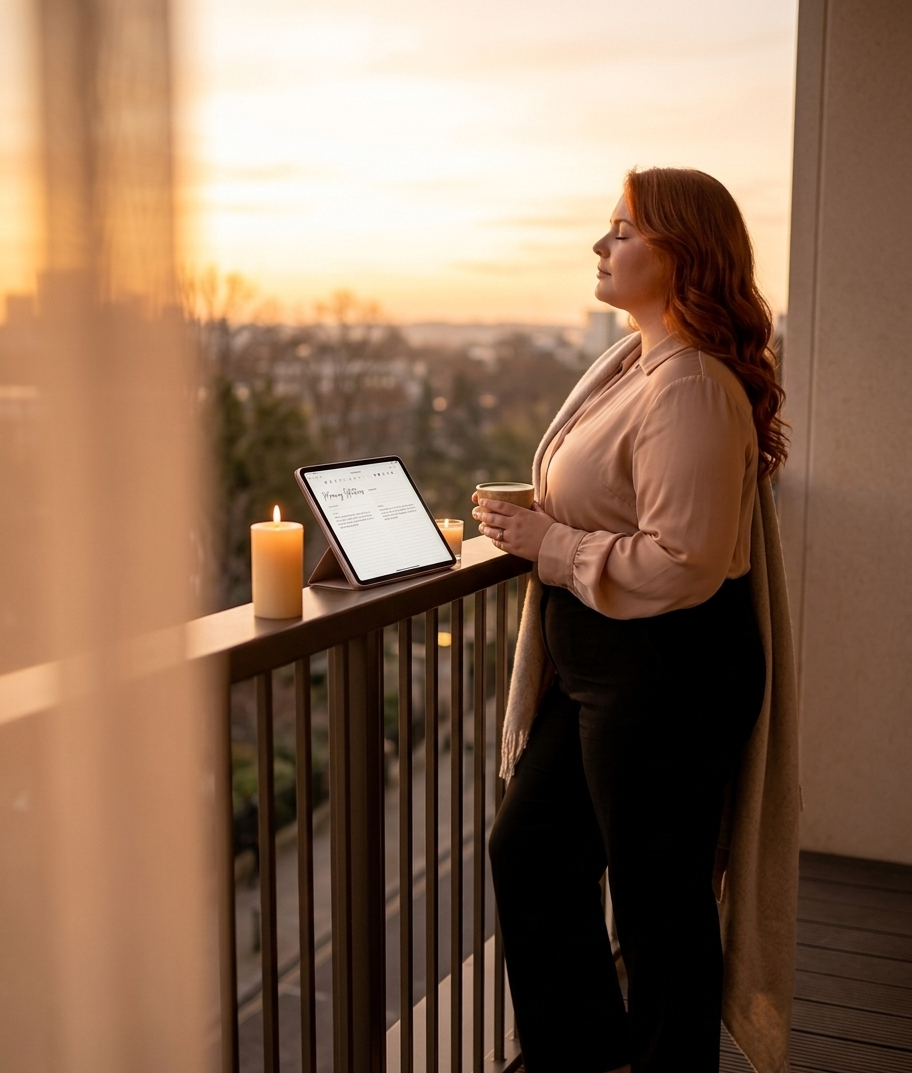 A woman standing barefoot on a sunlit balcony at dawn, her hair loose and her eyes softly closed — an open digital manifestation journal resting on the railing beside her, catching the first gold of morning light. The scene radiates the sacred stillness of a woman who has chosen her own company and found it more than enough.