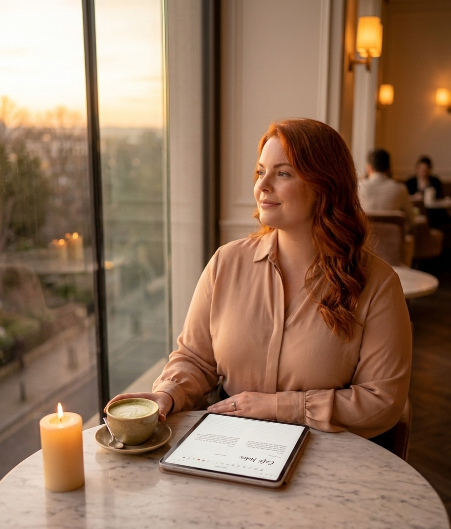 A woman sitting alone at a minimalist café window, a matcha latte in her hands and her digital planner open on her iPad on the marble table — completely unhurried, completely at ease. She is not waiting. She is simply being. The golden afternoon light wraps around her like an affirmation.