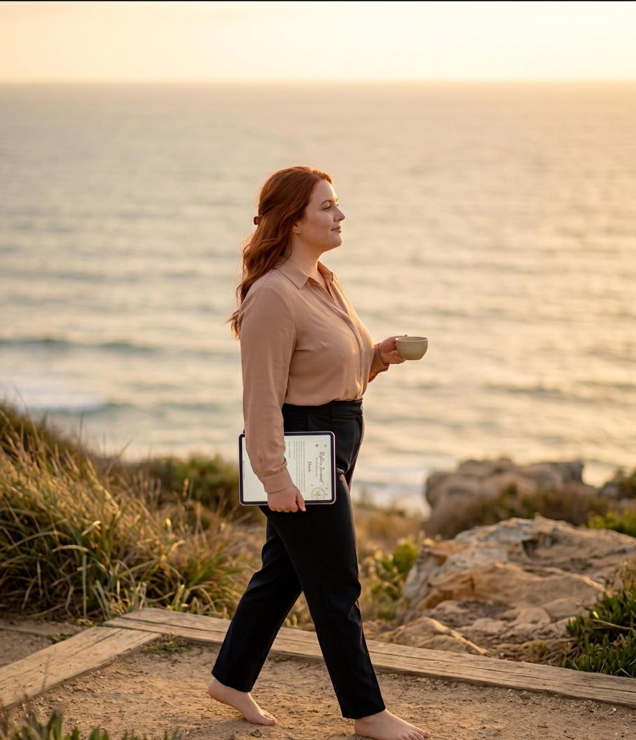 A woman walking alone along a serene coastal path at golden hour, her steps unhurried, her gaze soft and forward — a small digital journal tucked under her arm, the ocean stretching endlessly beside her. The image breathes freedom, grounded power, and the particular peace of a woman who has chosen herself.