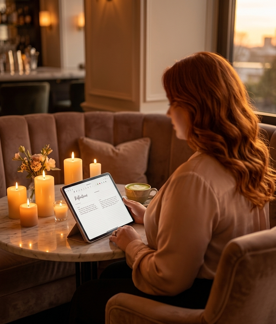 A woman sitting alone at a candlelit corner table in a beautifully elegant café, her posture relaxed and radiant — an open digital manifestation journal glowing softly on her iPad beside a single glass of champagne, her gaze serene and inward, completely at home in her own company. The warm golden light wraps around her like a secret she already knows: she is not waiting for anyone. She is already whole.