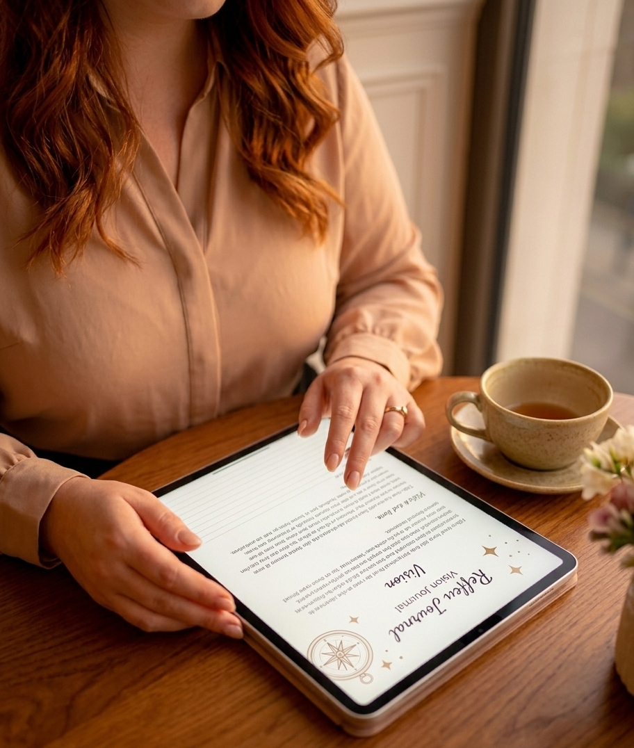 A close-up of a woman's hands resting softly on an open digital manifestation journal on her iPad, a single cup of tea beside her on a cream linen surface, soft natural light streaming in — the moment radiating the sacred stillness of a woman who is planning her future from a place of deep inner peace rather than urgency.