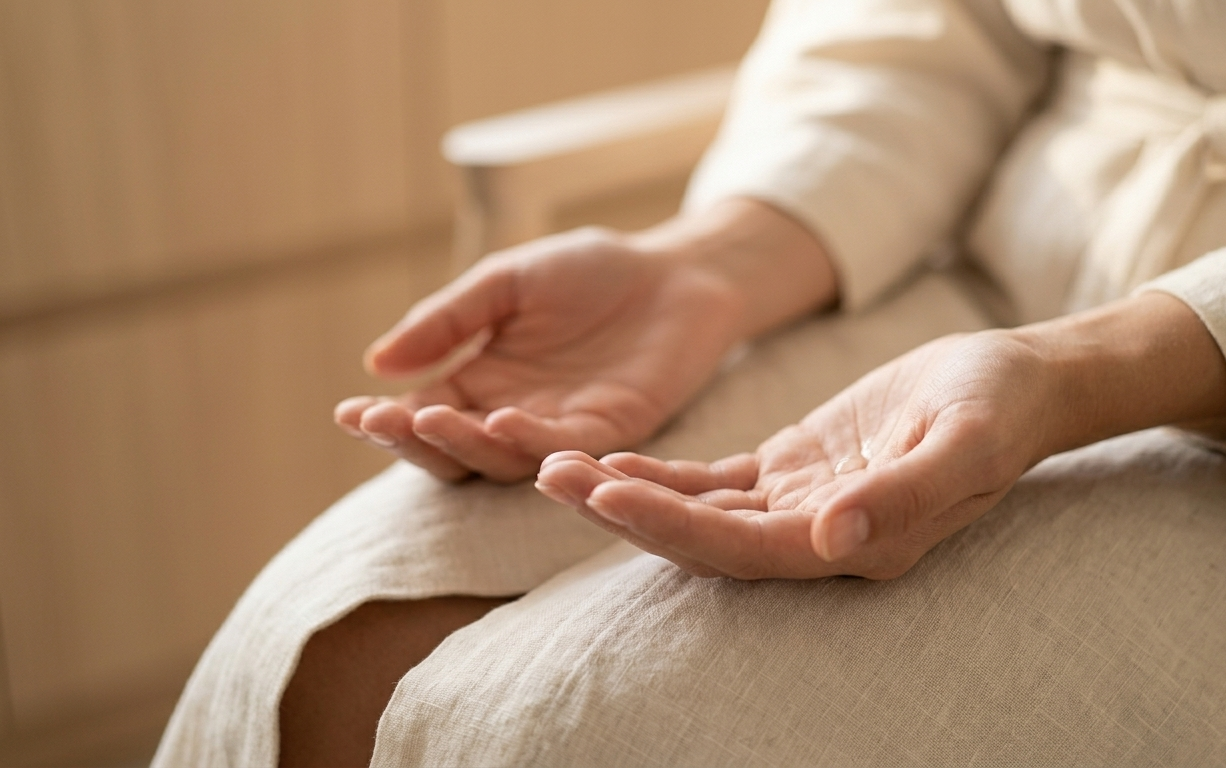 A close-up of a woman's hands resting open and relaxed on her lap, soft natural light falling across her skin — a moment of pure stillness, the kind where the body speaks more clearly than any thought